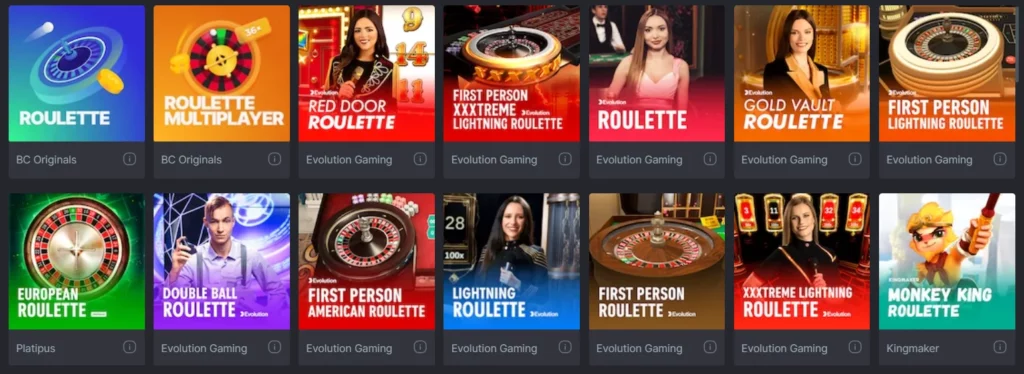 The image displays a digital interface showcasing a list of roulette games available on the BC.Game website.